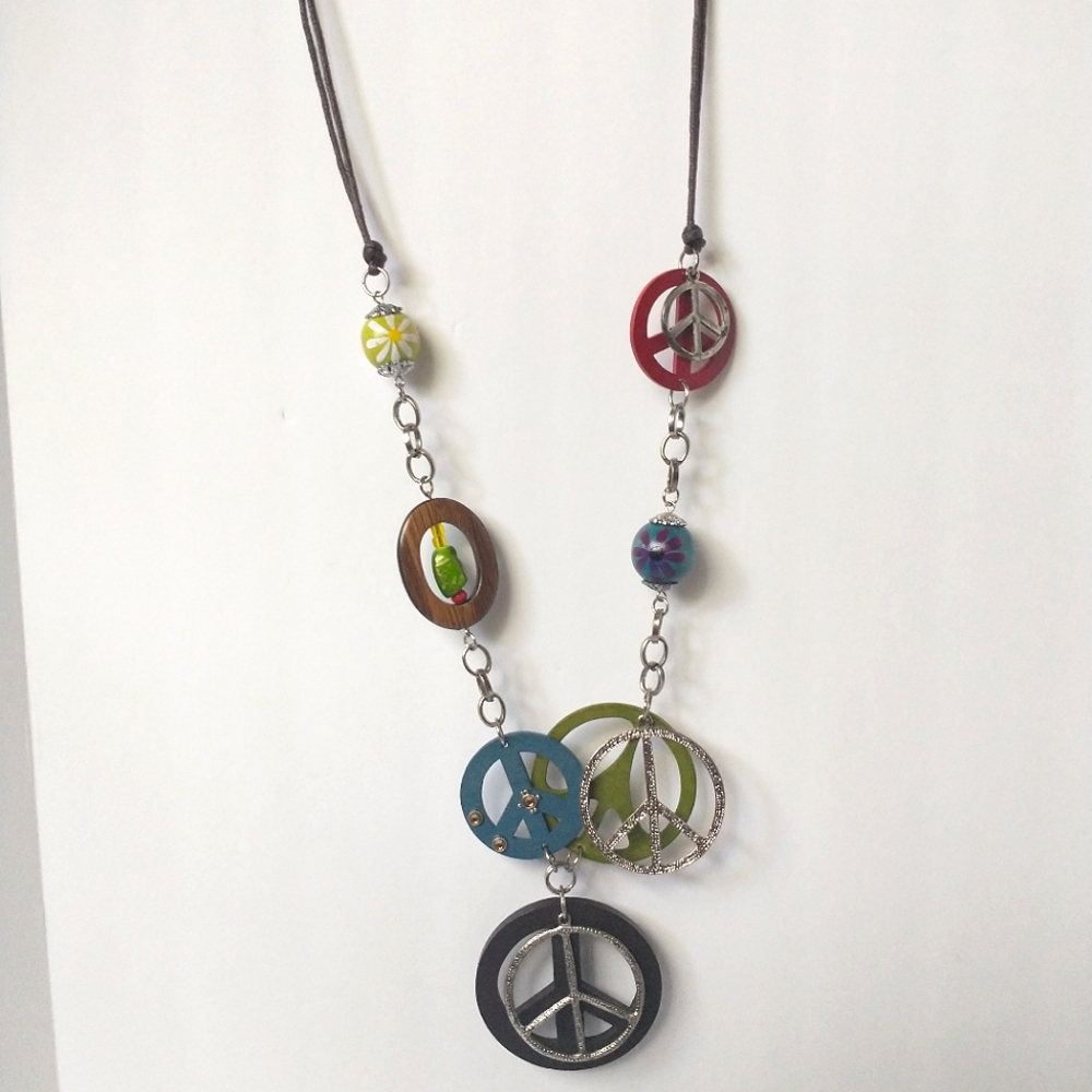 Long Hippy Peace Sign Beaded Necklace